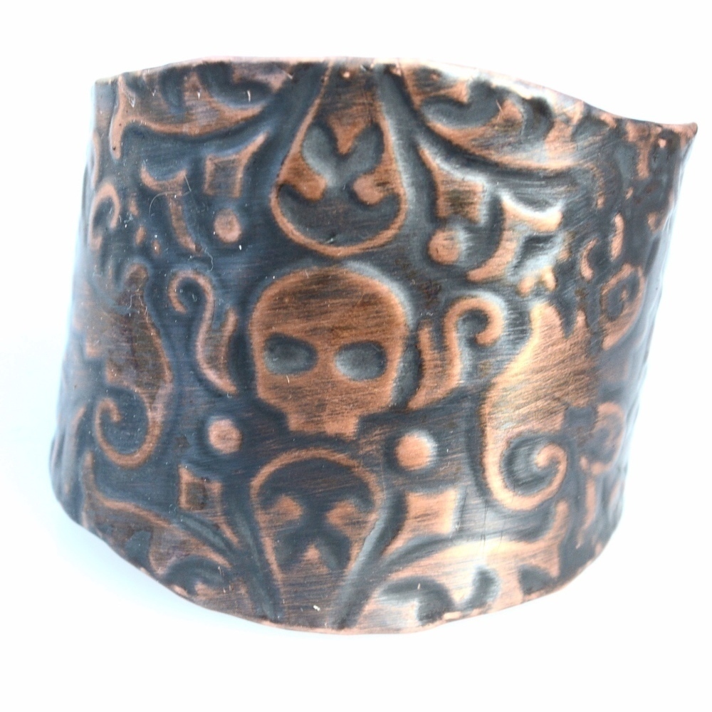 Embossed Skull Solid Copper Biker Cuff Bracelet Biker Bohemian Rustic Handmade